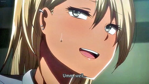 Blonde anime girl blushing with teasing smile in unbuttoned shirt