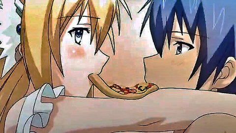 Anime blonde girl and blue-haired guy intimately sharing pizza slice mouth-to-mouth