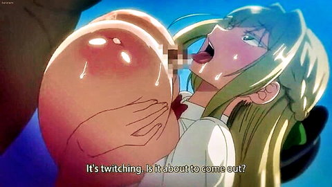 Blonde anime schoolgirl with huge tits giving censored titjob, aroused expression
