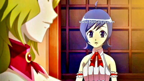 Two cute anime girls with green and purple hair in ribbon dresses, intimate scene