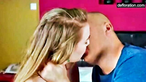 Blonde virgin Alesya seduced with passionate kiss by porn actor