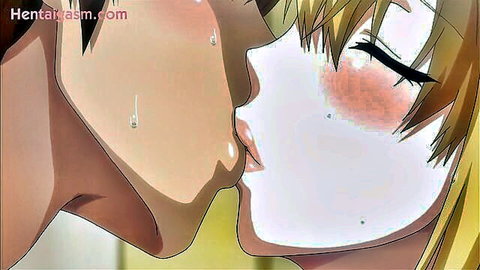 Hentai blonde girl with green eyes passionately kissing guy closeup