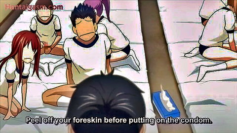 Hentai anime schoolgirls and boys in gym uniforms during condom lesson