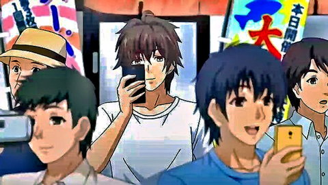 Group of cute anime hentai boys taking selfies at Japanese festival