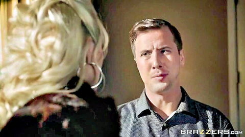 Blonde MILF with long hair faces handsome stud in tense close-up Brazzers talk