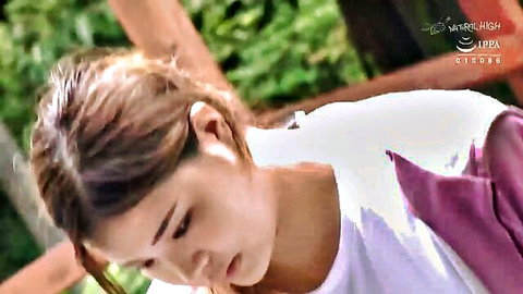 Japanese teen in white top and purple jacket, looking down seductively, anal fucking scene