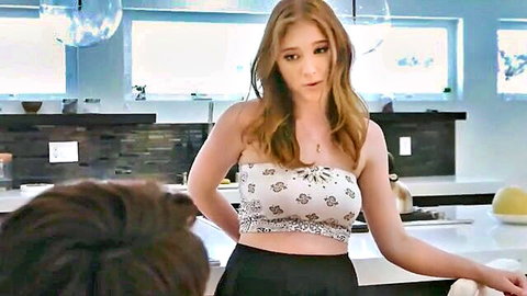 Surprised redhead stepsister in floral tube top and shorts teases brother