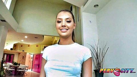 Elena Koshka smiling in tight white t-shirt, ponytail beauty