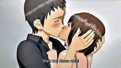 Anime couple passionately kissing, cute brown-haired girl in embrace