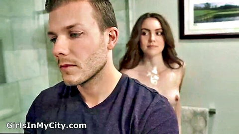Topless brunette stepsister teases stepbrother in bathroom