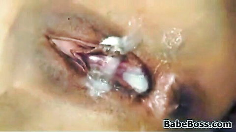 Close-up Japanese creampie with thick cum leaking from tight pussy