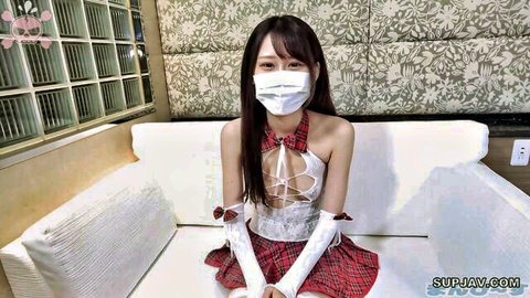 Japanese girl in see-through lingerie mask exposing perky tits on couch