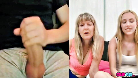 Man grips and strokes big hard cock while busty blonde MILF and young daughter watch smiling on webcam