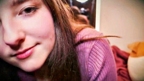 Aftyn Rose ASMR close-up smile in purple sweater, leisurely disrobing tease