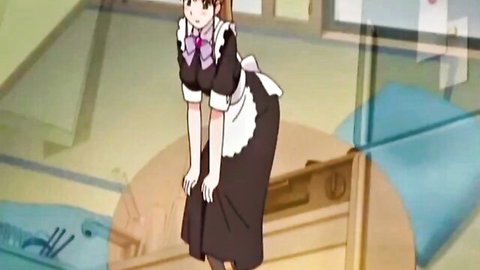 Petite anime maid in frilly black dress bending over teasing upskirt view