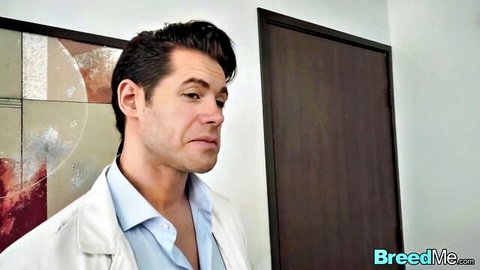 Handsome doctor in lab coat for hospital threesome with two girls