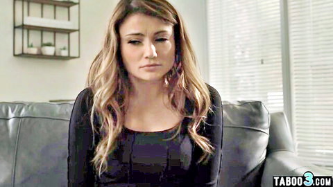 Adria Rae as obedient babysitter, worried expression on couch