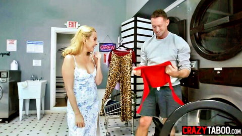 Blonde Latina Summer Col in sexy dress with mom's boyfriend holding red panties