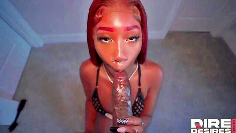 Licia redhead black beauty sucks huge dildo in mesh bikini