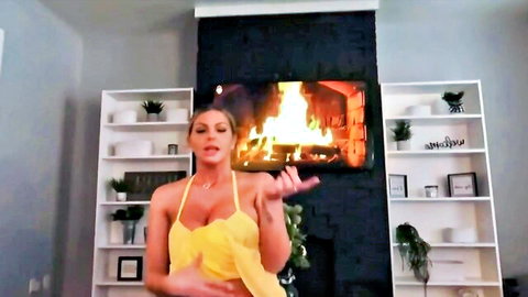 Curvy blonde MILF in yellow sundress teasing in POV style
