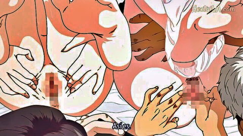 Hentai cartoon babes with huge orange tits in explicit threesome