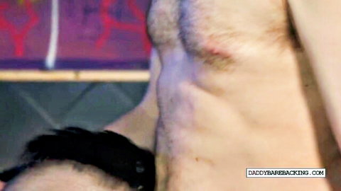 Muscular hairy DILF daddy bear naked side torso view in gay porn