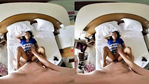 VR POV of thick cock deeply penetrating wet Asian pussy on bed