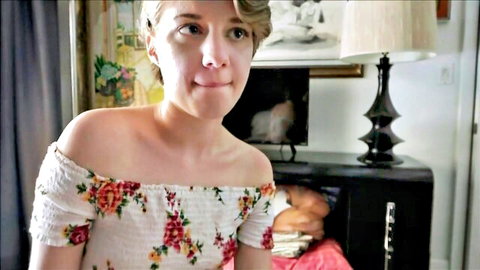 Blonde tomboy step sister in off-shoulder floral dress smiling playfully - Alex Adams video
