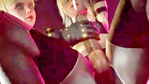 Gloved blonde anime babe strokes massive pink dildo while busty friend watches aroused.