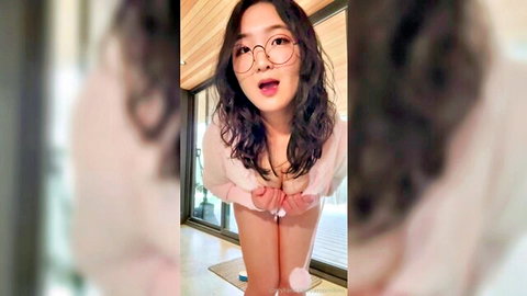Korean webcam girl with glasses squats pulling down top exposing small tits