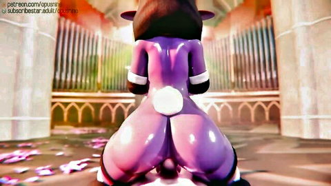 Purple anthropomorphic bunny girl kneeling rear view, big ass and tail exposed