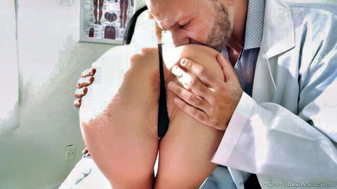 Bearded doctor intimately examining curvy patient's exposed ass and pussy in hospital