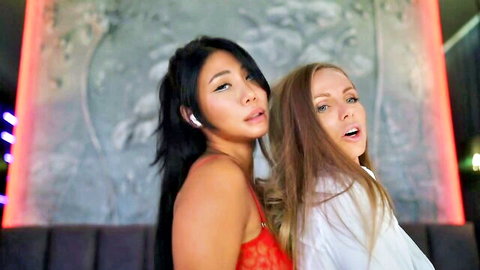Ami Katana in red lingerie with blonde in white shirt seductive pose