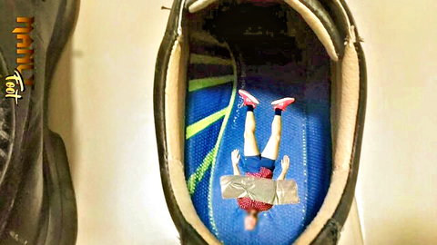 Macro foot fetish: tiny man trapped upside down in giant sneaker, vore style