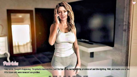 3D MILF brunette in tight white tank top and shorts on phone, cheating wife setup