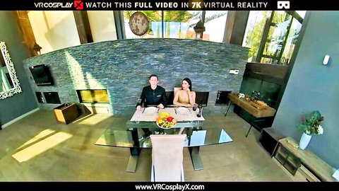 Curvy brunette MILF with big tits cleavage at romantic dinner table with suited man in VR cosplay POV