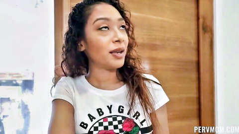 Sarah Lace in sexy babygirl t-shirt, teasing smile closeup