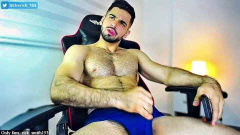 Hairy muscular Rick Smith seducing in blue underwear solo