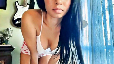 Skyla93074 teasing with big boobs cleavage in white tank top and pink shorts