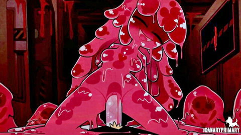 Pink slime hentai girl squats her gooey pussy on thick white cock in dark horror room