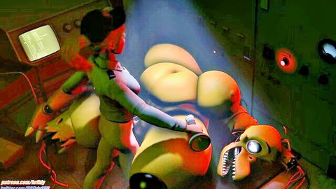 Busty yellow animatronic teased by red-haired green-suited vixen in sci-fi romp