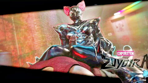 Squirrel Girl in shiny black latex suit riding red creature provocatively