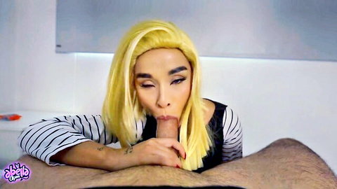 Android 18 cosplay blonde giving POV blowjob and swallowing cum
