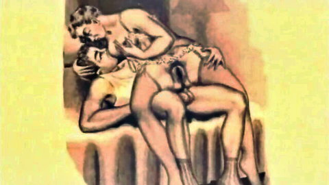 Retro erotic art of nude couple in cowgirl position, passionate vintage style