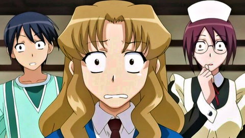 Anime blonde schoolgirl in uniform surprised with male student and glasses nurse