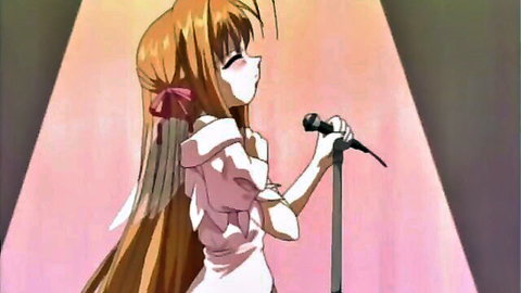 Blushing anime girl with long orange hair sings on stage in white dress, Concerto Ep.2