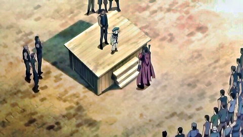 Anime hentai scene: bound woman in white dress on stage with men and crowd