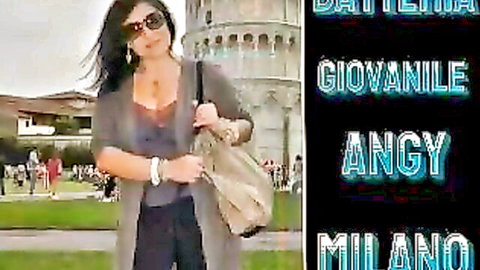Sexy Italian Angy teases deep cleavage in low-cut top at Leaning Tower of Pisa