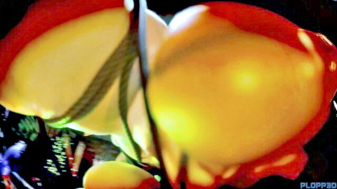 Two massive yellow tits with orange nipples hanging from strings like balloons in vibrant party lights