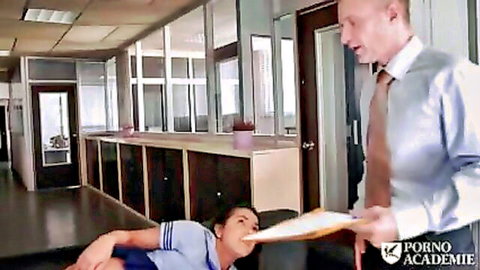 Asian schoolgirl in uniform for her first threesome, mouth open in surprise